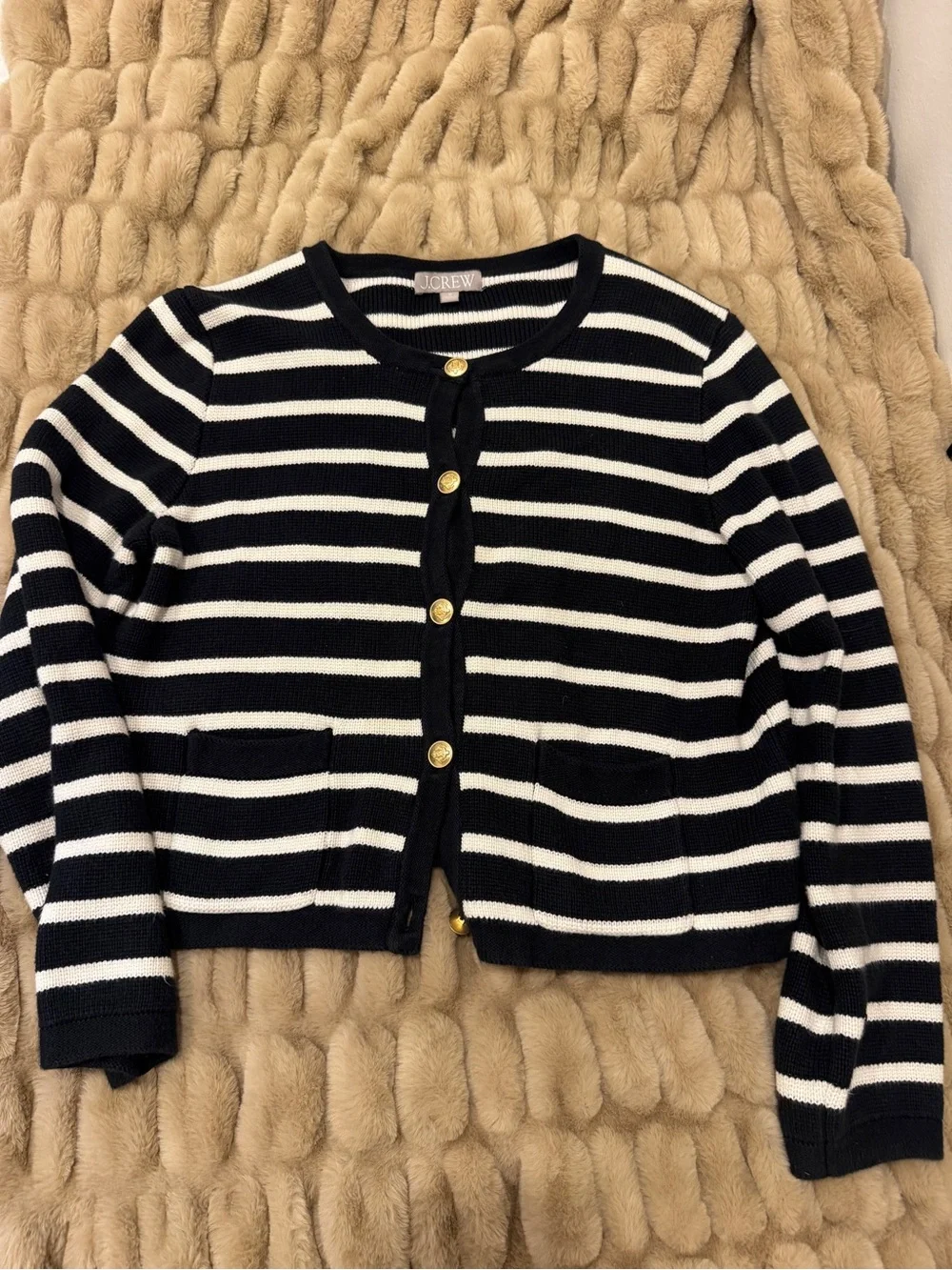 J. Crew Black and White Striped Button-Up Cropped Cardigan